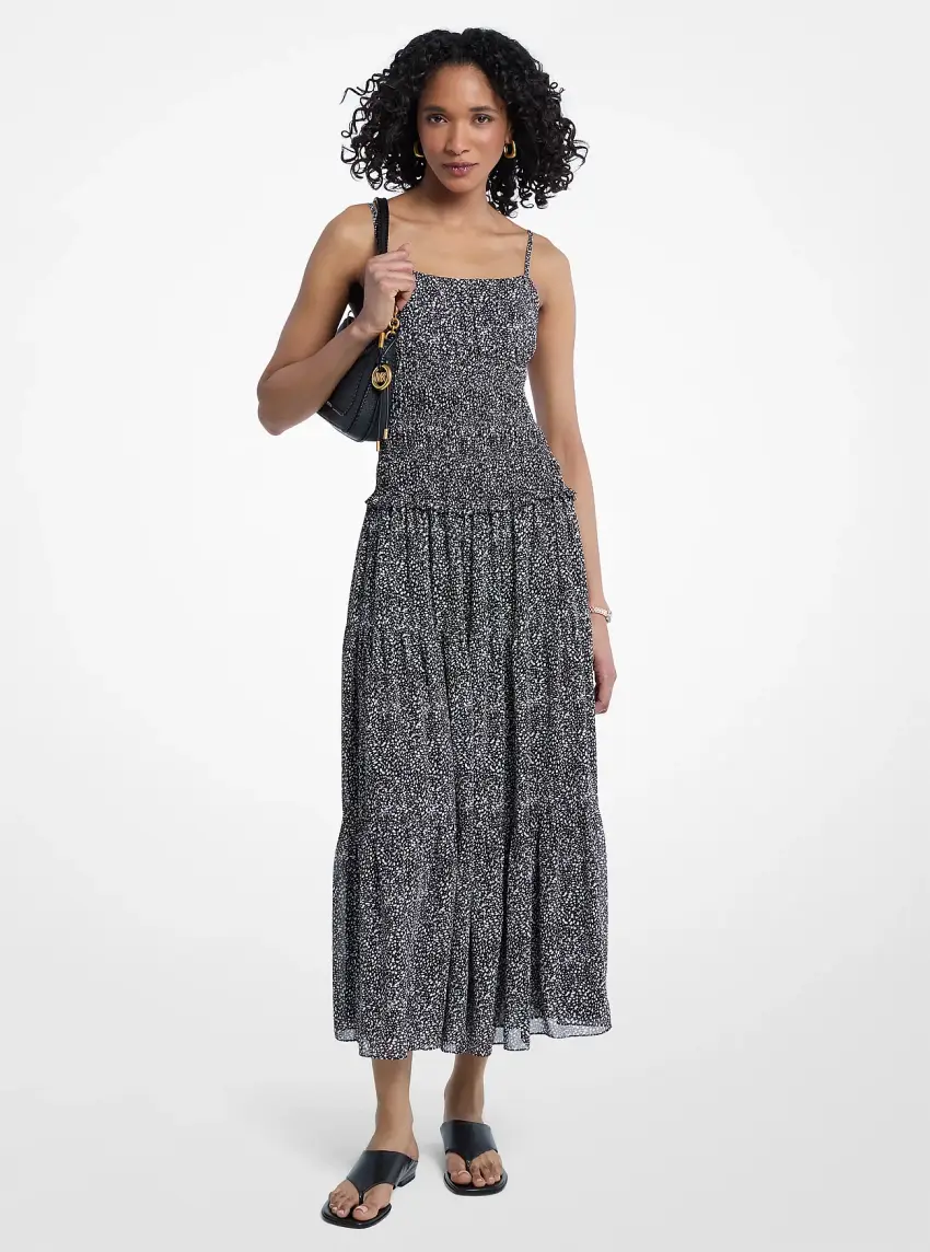Abstract Print Georgette Smocked Dress