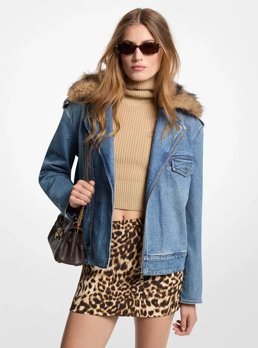 Faux Fur Trim Denim Moto Jacket