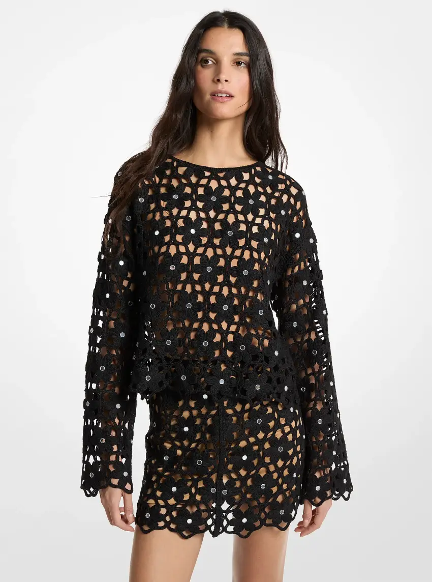 Mirror-Embellished Floral Crochet Top