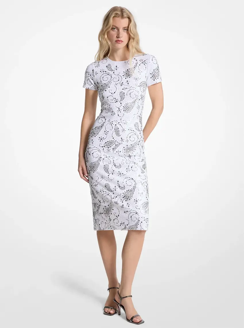 Studded Paisley Scuba Midi Dress